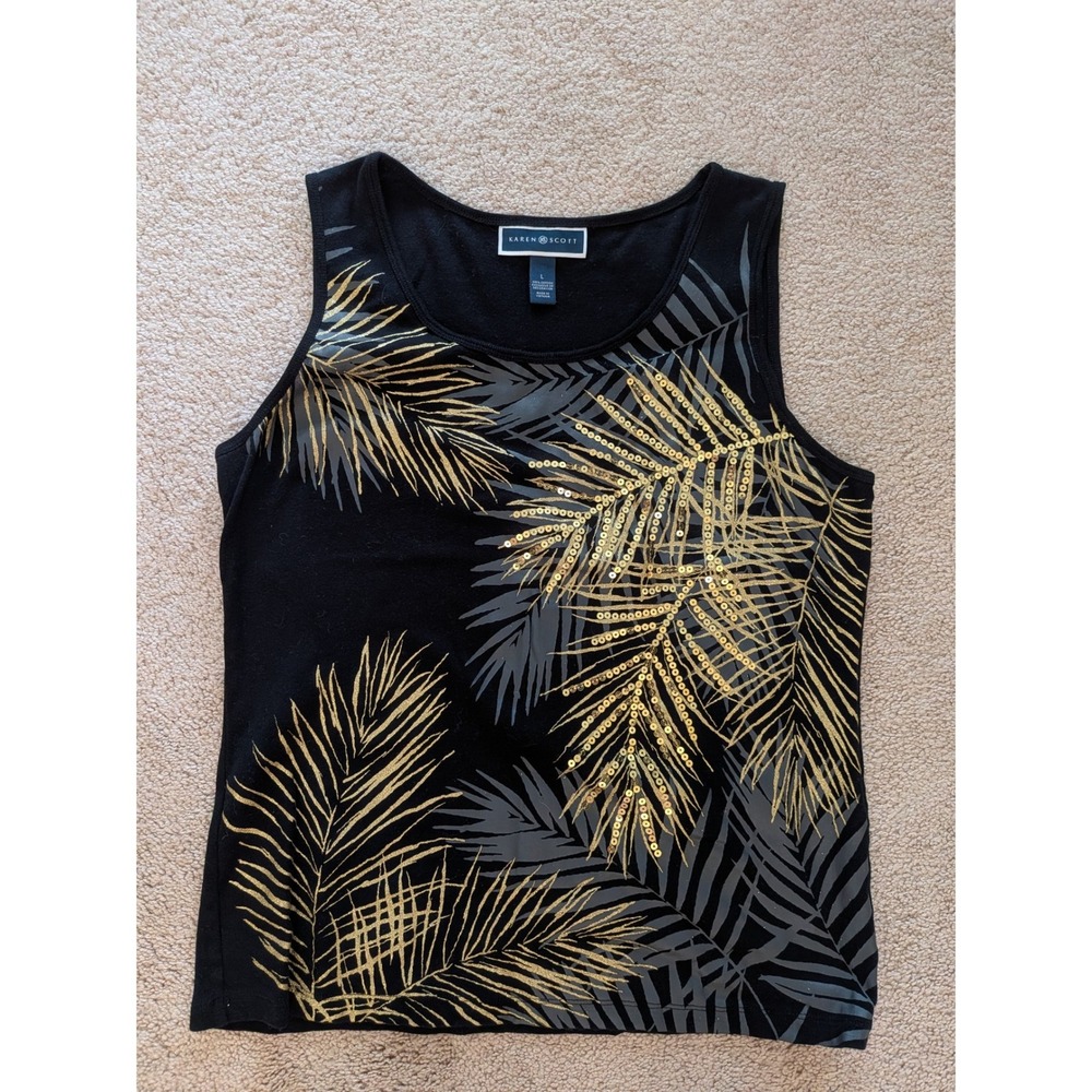 Karen Scott Black Tropical Tank Top Gold Sequin Palm Leaf Sleeveless Casual L